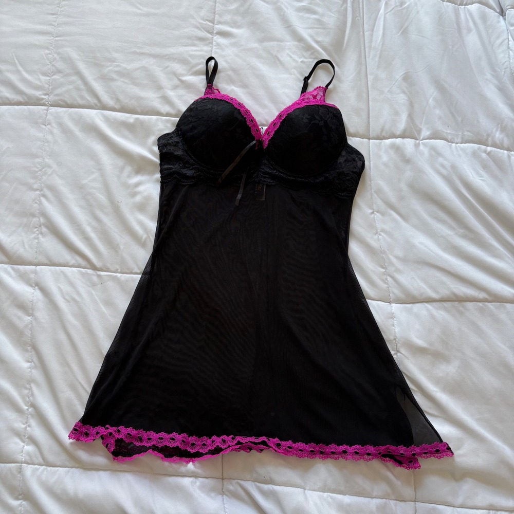 Just Sexy Lingerie Womens Large Black Hot Pink Lace Mesh Babydoll Chemise